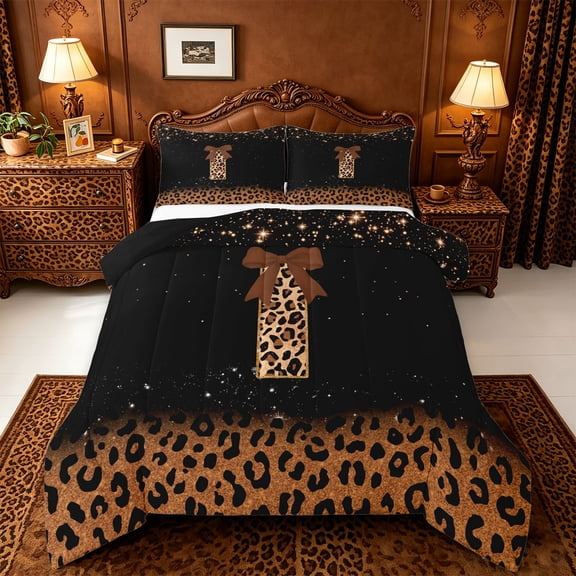 jejeloiu Leopard Brown Initial I Full Size Comforter Sets For Girls,Glitter Classic Bow Monogram Print Bedding Sets,Black Reversible,3-Piece