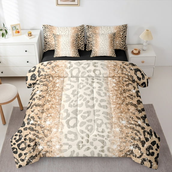jejeloiu Leopard Cheetah Pattern 7-Piece Twin Bedding Sets,Dreamy Glitter Print Bedding Comforter Set,Brown Black Sheet Sets For Boys Girls,Luxury Bedroom Decor Reversible