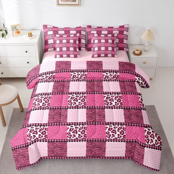 jejeloiu Leopard Cheetah Pattern 7 Pieces Bedding Comforter Set,Zebra Print Full Bedding Set,Pink Geometric Grid Fitted Sheet Flat Sheet For Boys Girls,Luxury Bedroom Decor Reversible