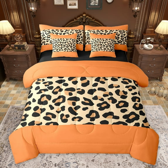 jejeloiu Leopard Cheetah Pattern 7pcs Bedding Comforter Set,Chic Minimalism Artwork Queen Bedding Sets,Orange Brown Queen Sheet Sets For Kids,Luxury Bedroom Decor Reversible