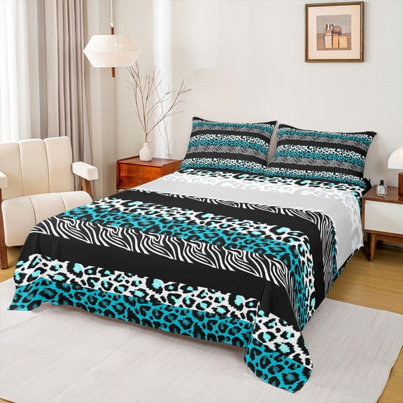 jejeloiu Leopard Cheetah Pattern Bed Sheets,Chic Zebra Print King Sheets,Blue Gray Black Sheet Set For Kids,Luxury Bedroom Decor,4 Pieces
