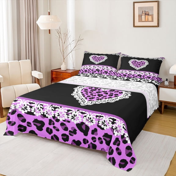 jejeloiu Leopard Cheetah Pattern Full Size Sheets,Cute Loves Heart Bed Sheets,Purple White Black Sheet Sets For Adults,Super Cozy Room Decor,4-Piece