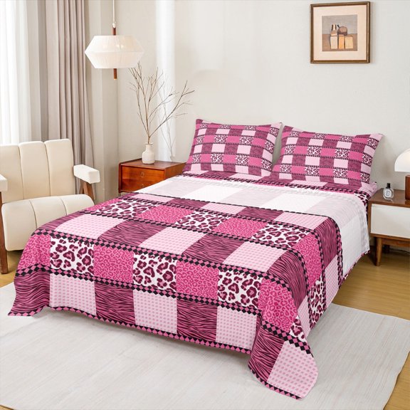 jejeloiu Leopard Cheetah Pattern Full Size Sheets,Zebra Print Bed Sheets,Pink Geometric Grid Sheet Sets For Boys Girls,Luxury Bedroom Decor,4 Pieces