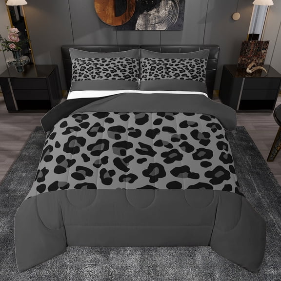jejeloiu Leopard Cheetah Pattern Queen Comforter Set,Chic Minimalist Aesthetic Bedding Sets,Gray Wildlife Print Bedding Comforter Set For Kids,Luxury Bedroom Decor Reversible,3-Piece