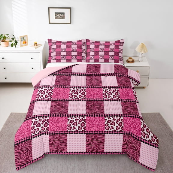 jejeloiu Leopard Cheetah Pattern Queen Comforter Set,Zebra Print Bedding Sets,Pink Geometric Grid Bedding Comforter Set For Boys Girls,Luxury Bedroom Decor Reversible,3pcs
