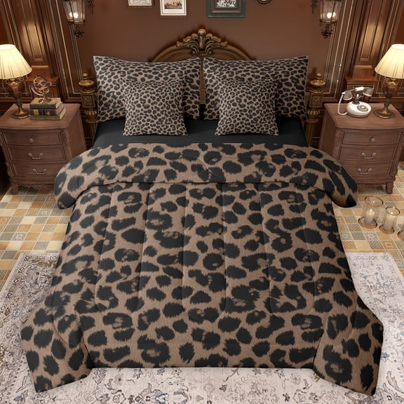 jejeloiu Leopard Cheetah Print 7-Piece Bedding Comforter Set,Jungle Animal King Bedding Sets,Black Brown Bed Sheets For Kids,Luxury Bedroom Decor Reversible