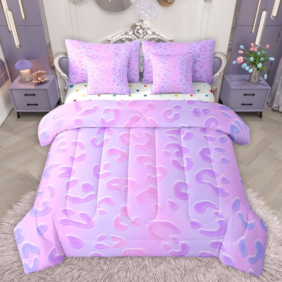 jejeloiu Leopard Cheetah Print 7-Piece Twin Bedding Sets,Jungle Animal Bedding Comforter Set,Pink Purple Ombre Sheet Sets For Kids,Luxury Bedroom Decor Reversible