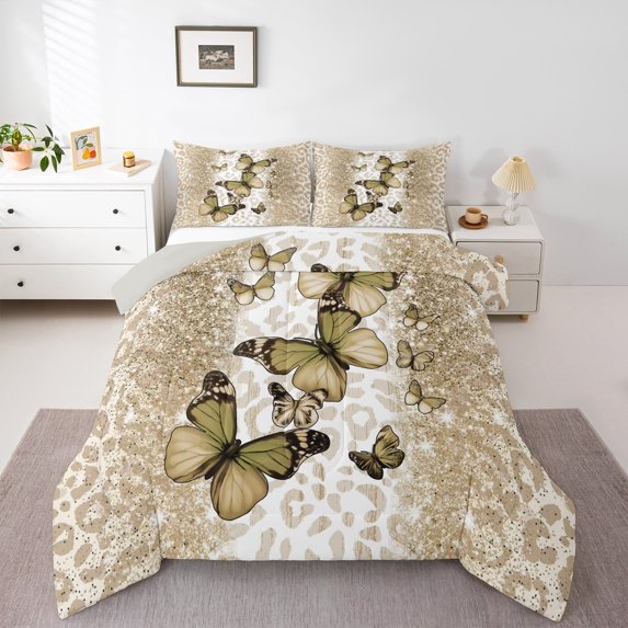 jejeloiu Leopard Cheetah Print Full Size Comforter Sets,Beige Cute Butterfly Bedding Comforter Set,Modern Aesthetic Art Bedding Sets For Girls Kids,Ultra Soft Home Decor Reversible,3-Piece