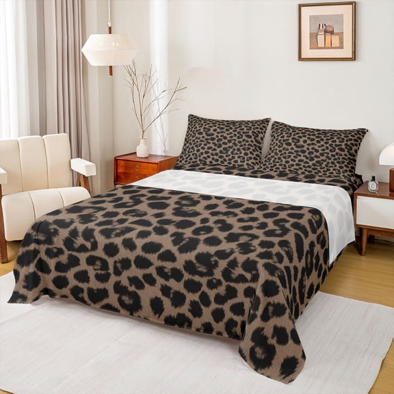 jejeloiu Leopard Cheetah Queen Sheet Set (4-Piece) Jungle Animal Black Brown Luxury Decor For Kids