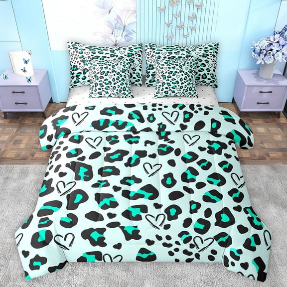 jejeloiu Leopard Cheetah Texture 7-Piece Bedding Comforter Set,Chic Minimalist Aesthetic King Bedding Sets,Lightgreen Wildlife Print Bed Sheets For Kids,Luxury Bedroom Decor Reversible