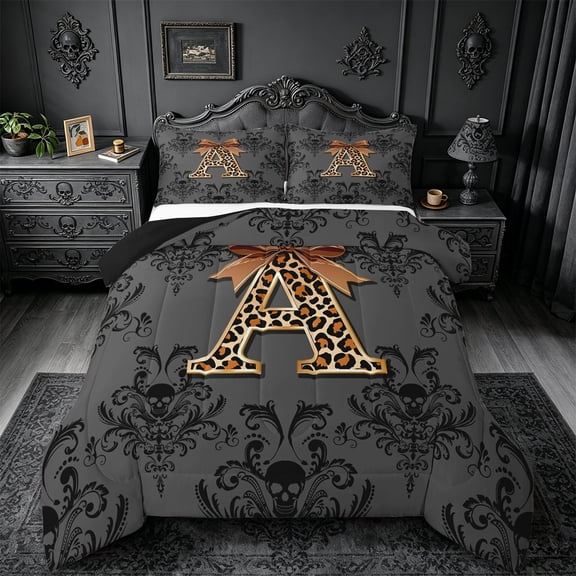 jejeloiu Leopard Monogram A Full Size Comforter Sets For Girls,Damask Bow Initial Bedding Sets For Adults,Black Reversible,3pcs