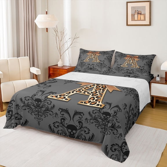 jejeloiu Leopard Monogram A Full Size Sheets For Girls,Damask Bow Initial Bed Sheets For Adults,4pcs