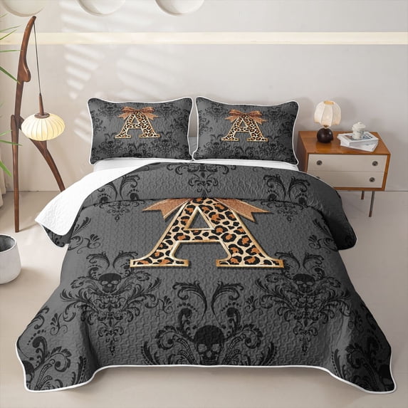 jejeloiu Leopard Monogram A Twin Quilt Set For Girls,Damask Bow Initial Twin Coverlet Set For Adults,2pcs