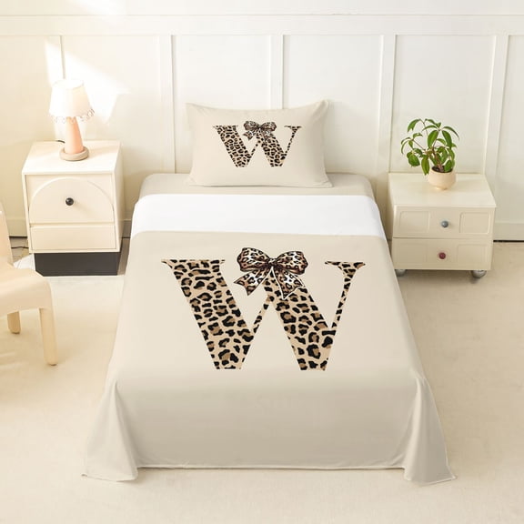 jejeloiu Leopard Monogram Design W Twin Sheet Sets For Girls,Cartoon Cheetah Print Bowknot Kids Bedding,3 Pieces