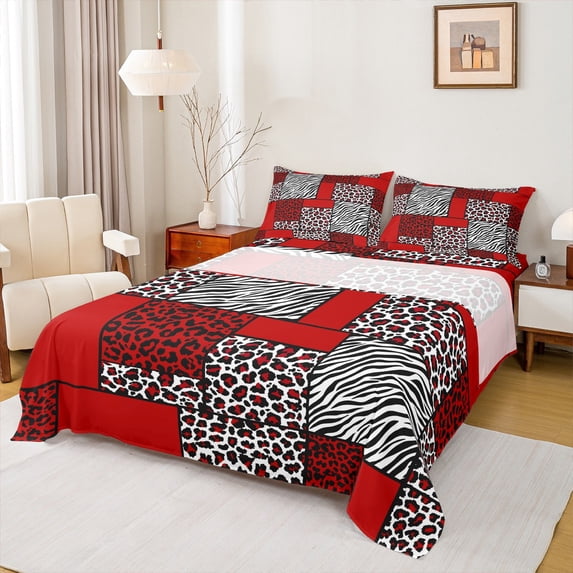 jejeloiu Leopard Patch Queen 4-Piece Ultra Soft Red White Black Check Sheet Set