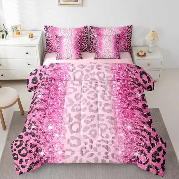 jejeloiu Leopard Pattern 7-Piece Twin Bedding Sets,Modern Cheetah Print Bedding Comforter Set,Pink Bling Print Sheet Sets For Girl Teens,Microfiber Bedroom Decor Reversible