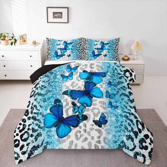 jejeloiu Leopard Pattern Bedding Comforter Set,Dreamy Blue Butterfly Twin Comforter Sets,Chic Sequin Print Bedding Set For Girl Kids,Microfiber Bedroom Decor Reversible,2 Pieces