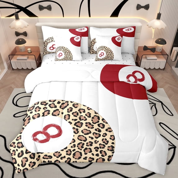 jejeloiu Leopard Peint Billiard 7-Piece Twin Bedding Sets,Ball Sport Game Bedding Comforter Set,Red Brown White Sheet Sets For Boys Teens,Super Cozy Room Decor Reversible