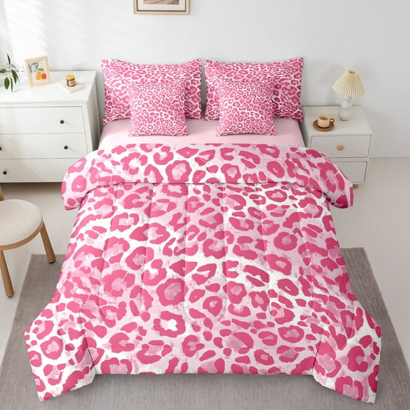jejeloiu Leopard Print 7-Piece Twin Bedding Sets,Western Cowgirl Bedding Comforter Set,Pink White Sheet Sets For Girls Kids,Ultra Soft Home Decor Reversible
