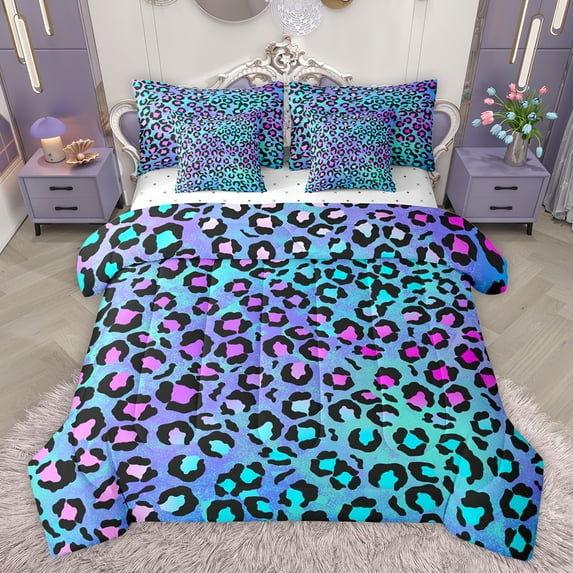 jejeloiu Leopard Print 7 Pieces Bedding Comforter Set,Abstract Cheetah Pattern Full Bedding Set,Purple Blue Ombre Fitted Sheet Flat Sheet For Men Women,Breathable Home Decor Reversible