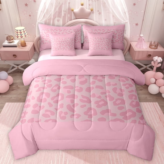 jejeloiu Leopard Print 7 Pieces Bedding Comforter Set,Cheetah Pattern Full Bedding Set,Girls Pink Fitted Sheet Flat Sheet For Girl,Microfiber Bedroom Decor Reversible