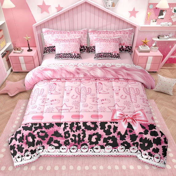 jejeloiu Leopard Print 7pcs Bedding Comforter Set,Western Cowgirl Queen Bedding Sets,Pink Bowtie Bow Knot Queen Sheet Sets For Girls Kids,Ultra Soft Home Decor Reversible