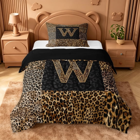 Catabedysis Leopard Print Alphabet W Twin Comforter Sets For Girl,Brown Cheetah Pattern Bedding Set,Black Reversible,2pcs,1 Comforter and 1 Pillowcase