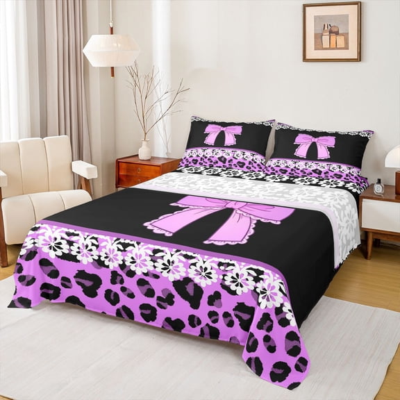 jejeloiu Leopard Print Bed Sheets,Romantic Valentine Day King Sheets,Purple Bow Bowtie Sheet Set For Girls Teens,Ultra Soft Home Decor,4 Pieces