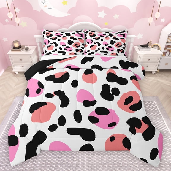 jejeloiu Leopard Print Bedding Comforter Set,Abstract Cheetah Pattern Twin Comforter Sets,White Black Pink Bedding Set For Men Women,Breathable Home Decor Reversible,2-Piece