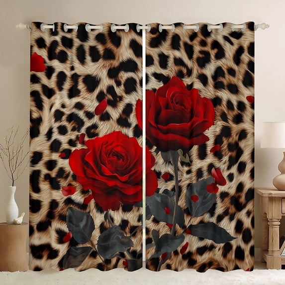 jejeloiu Leopard Blackout Curtain Set of 2,Red Rose Valentine,52x84 Inch