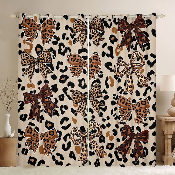 jejeloiu Leopard Print Bowknot Black Out Curtains,Girls Brown Bow Curtains Pack of 2 (42x63 Each) For Girl Kids