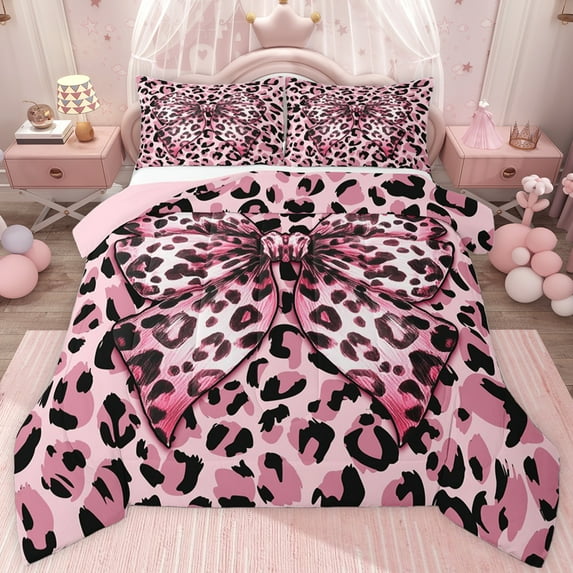 jejeloiu Leopard Print Bowknot Full Size Comforter Sets,Wild Animals Bedding Sets For Cheetah Lover Reversible 3 Pieces