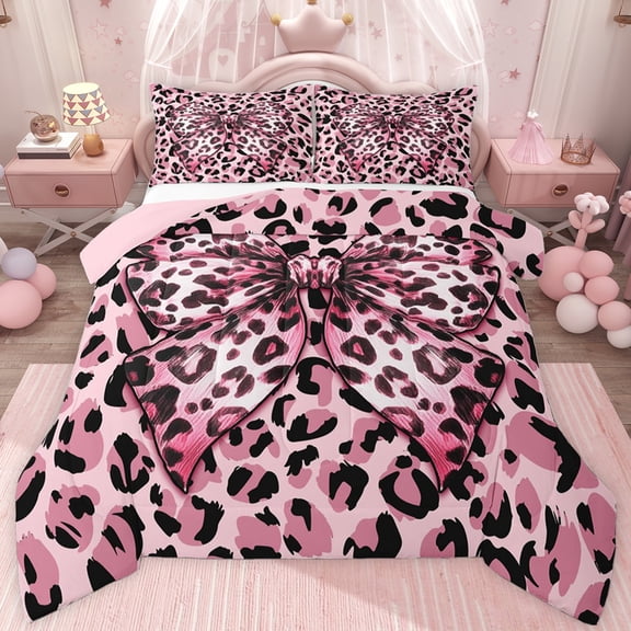jejeloiu Leopard Print Bowknot Queen Comforter Set,Wild Animals Bedding Comforter Set For Cheetah Lover Reversible 3pcs