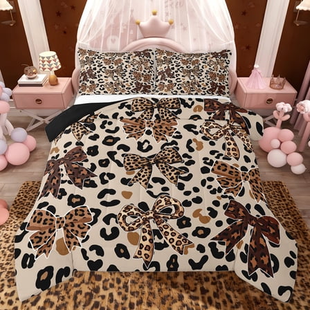 jejeloiu Leopard Print Bowknot Twin Comforter Sets,Girls Brown Bow Bedding Set For Girl Kids Reversible 2 Pieces