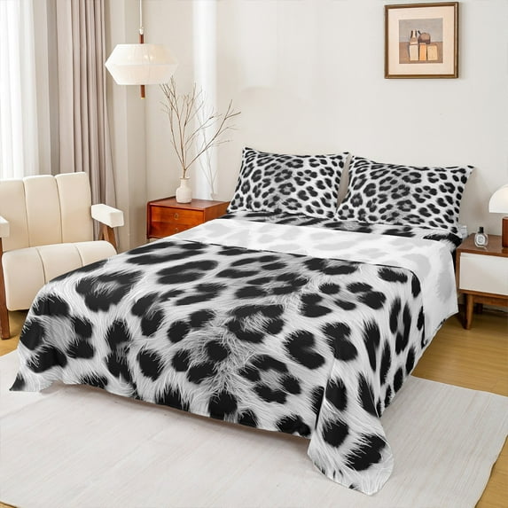 jejeloiu Leopard Print Full Size Sheets,Cheetah Pattern Bed Sheets,White Black Sheet Sets For Girls Kids,Ultra Soft Home Decor,4 Pieces