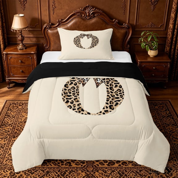 jejeloiu Leopard Print Monogram O Twin Comforter Sets For Girls,Cheetah Bow tie Initial Bedding Set For Kids,Black Reversible,2pcs