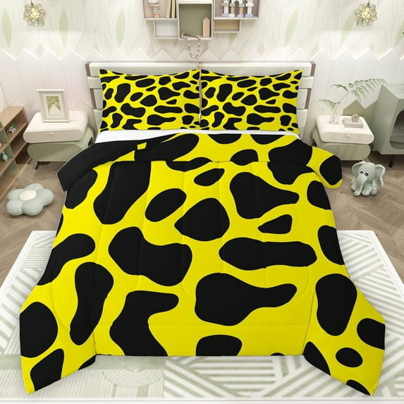 jejeloiu Leopard Print Queen Comforter Set,Abstract Cheetah Pattern Bedding Sets,Yellow Black Bedding Comforter Set For Men Women,Breathable Home Decor Reversible,3-Piece