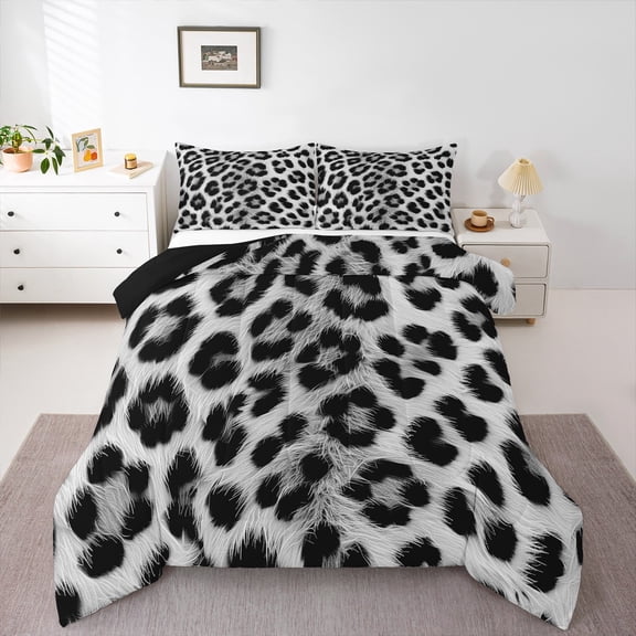 jejeloiu Leopard Print Queen Comforter Set,Cheetah Pattern Bedding Sets,White Black Bedding Comforter Set For Girls Kids,Ultra Soft Home Decor Reversible,3pcs