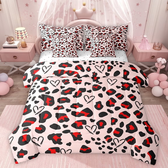 jejeloiu Leopard Print Texture 7-Piece Bedding Comforter Set,Modern Abstract Geometric King Bedding Sets,Pink Cheetah Print Bed Sheets For Girl,Microfiber Bedroom Decor Reversible