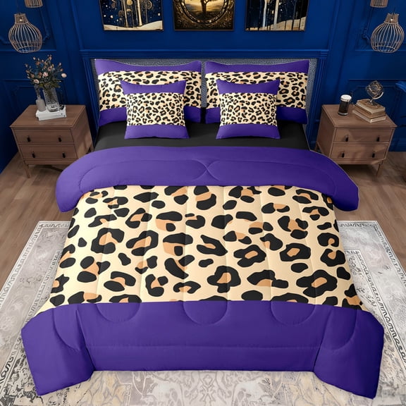 jejeloiu Leopard Print Texture 7-Piece Bedding Comforter Set,Purple Abstract Geometric King Bedding Sets,Brown Cheetah Pattern Bed Sheets For Girl,Microfiber Bedroom Decor Reversible