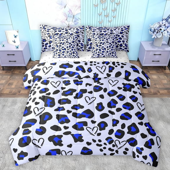 jejeloiu Leopard Print Texture 7 Pieces Bedding Comforter Set,Modern Abstract Geometric Full Bedding Set,Blue Cheetah Print Fitted Sheet Flat Sheet For Girl,Microfiber Bedroom Decor Reversible