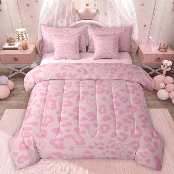 jejeloiu Leopard Print Texture 7 Pieces Bedding Comforter Set,Modern Abstract Geometric Full Bedding Set,Pink Cheetah Pattern Fitted Sheet Flat Sheet For Girl,Microfiber Bedroom Decor Reversible