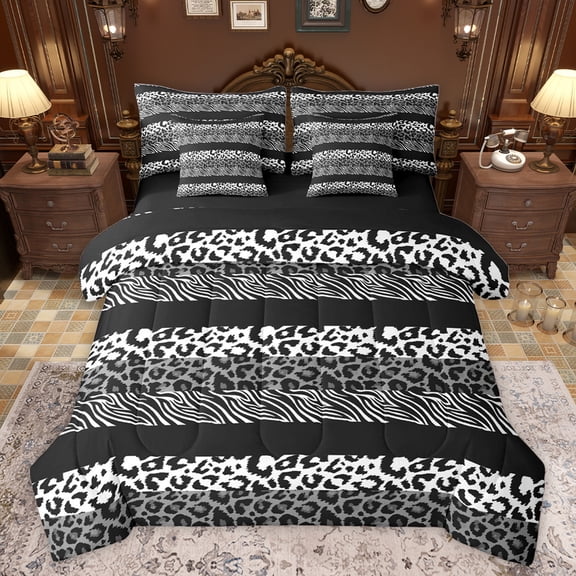 jejeloiu Leopard Print Texture 7 Pieces Bedding Comforter Set,Zebra Striped Full Bedding Set,Gray Cheetah Pattern Fitted Sheet Flat Sheet For Girl,Microfiber Bedroom Decor Reversible
