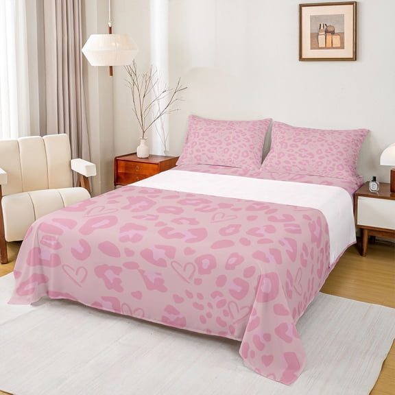 jejeloiu Leopard Print Texture Full Size Sheets,Modern Abstract Geometric Bed Sheets,Pink Cheetah Pattern Sheet Sets For Girl,Microfiber Bedroom Decor,4 Pieces