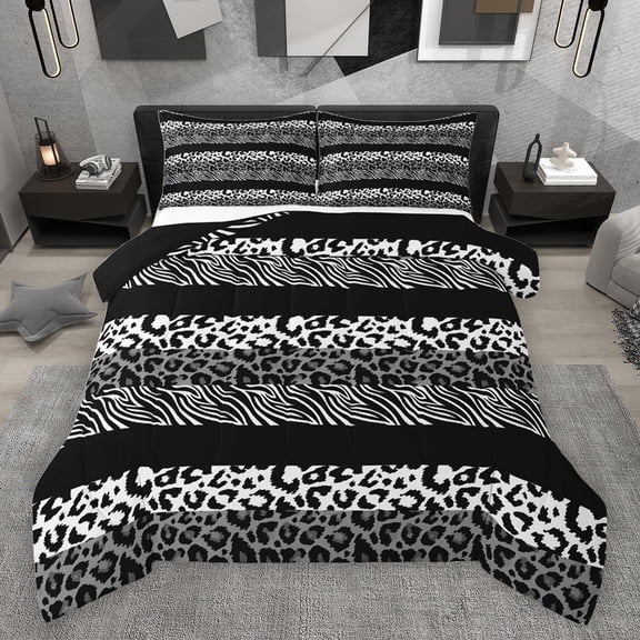 jejeloiu Leopard Print Texture Queen Comforter Set,Zebra Striped Bedding Sets,Gray Cheetah Pattern Bedding Comforter Set For Girl,Microfiber Bedroom Decor Reversible,3pcs