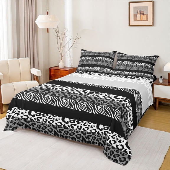 jejeloiu Leopard Print Texture Twin Sheet Sets,Zebra Striped Twin Fitted Sheet,Gray Cheetah Pattern Flat Sheet For Girl,Microfiber Bedroom Decor,3-Piece