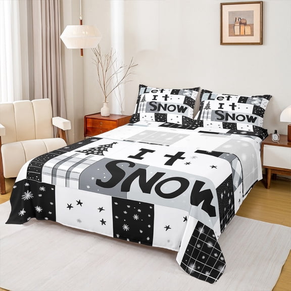 jejeloiu Let It Snow Bed Sheets,Merry Christmas King Sheets,Black White Plaid Sheet Set For Boy Kids,Microfiber Bedroom Decor,4pcs