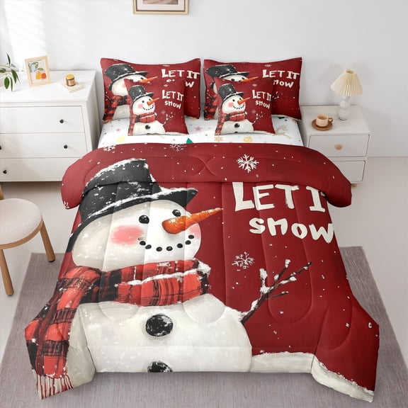jejeloiu Let It Snow Bedding Comforter Set 7-Piece,Xmas Snowmen King Bedding Sets,Merry Christmas Bed Sheets For Children,Super Cozy Room Decor Reversible