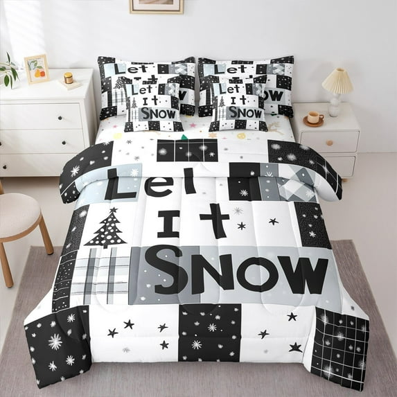 jejeloiu Let It Snow Twin Bedding Sets 7-Piece,Merry Christmas Bedding Comforter Set,Black White Plaid Sheet Sets For Boy Kids,Microfiber Bedroom Decor Reversible