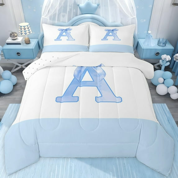 jejeloiu Letter A Monogrammed Twin Comforter Sets,Cartoon Cute Bowknot Bedding Set For Girls Kids Reversible 2pcs
